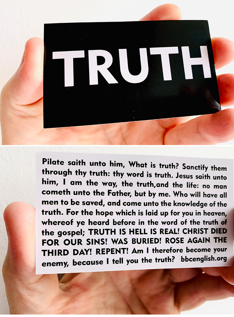 Photo of a business card that has the word TRUTH on the front and a Bible passage on the back.