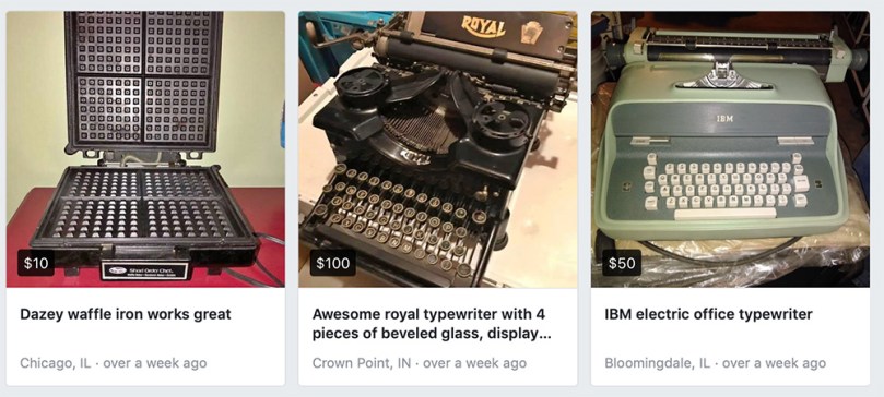 Screenshot of the results of a search for typewriters in Facebook Marketplace show two typewriters and one opened waffle iron. The waffle iron looks sort of like a typewriter.