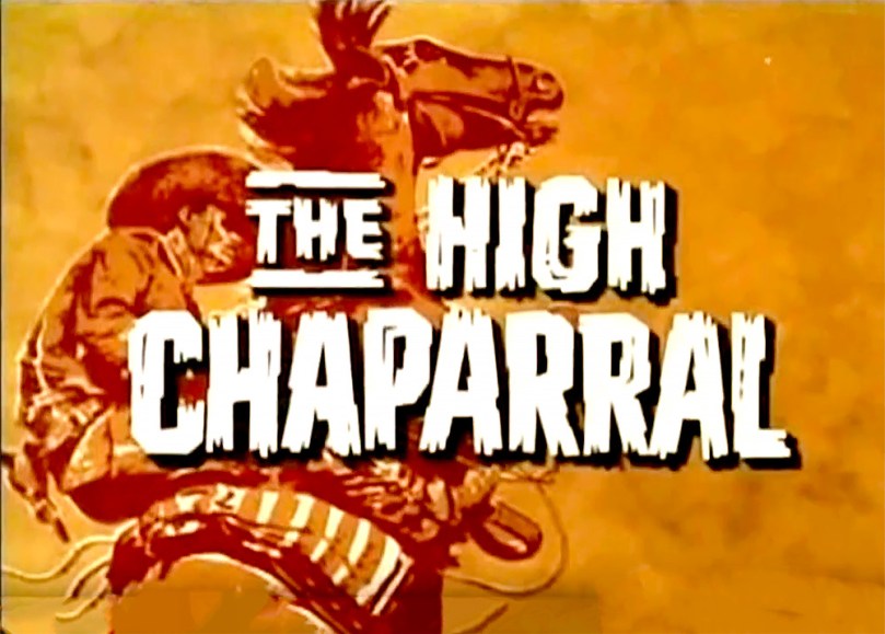 Frame grab of opening title for The High Chaparral shows a bright orange slowing rider on a rearing horse with the show's title superimposed in a white, western-style typeface.