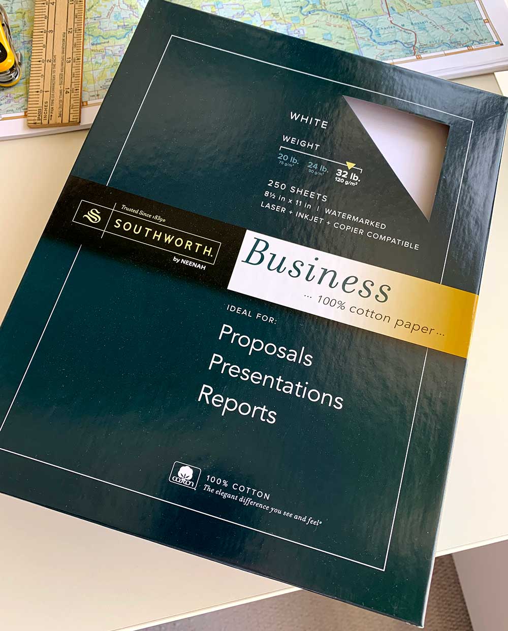 Photo of a box of Southworth Businessd 100 Percent Cotton Paper