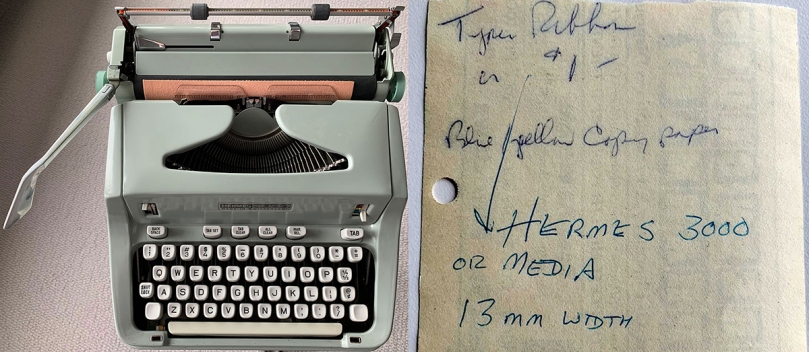 Here's the cleaning paper ready to be used in the Hermes 3000. The little piece of paper at right also was in the typewriter case; it has information about the kind of typewriter ribbon the owners needs to buy.