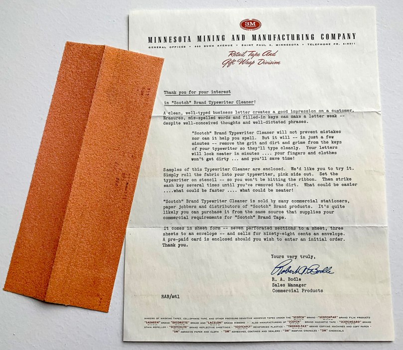 Here's the letter from 3M that included a sample of a special paper used to clean typewriter type slugs.