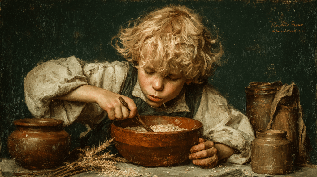 Old-style painting shows a cute kid eating gruel, porridge, or some other tasteless stuff.
