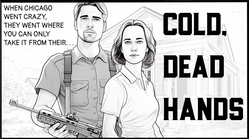 Realistic line drawing in coloring-book style shows a young couple standing in front of a farmhouse. The man holds a rifle. Text on thje image reads: When Chicago went crazy, they went where you can only take it from their cold, dead hands.