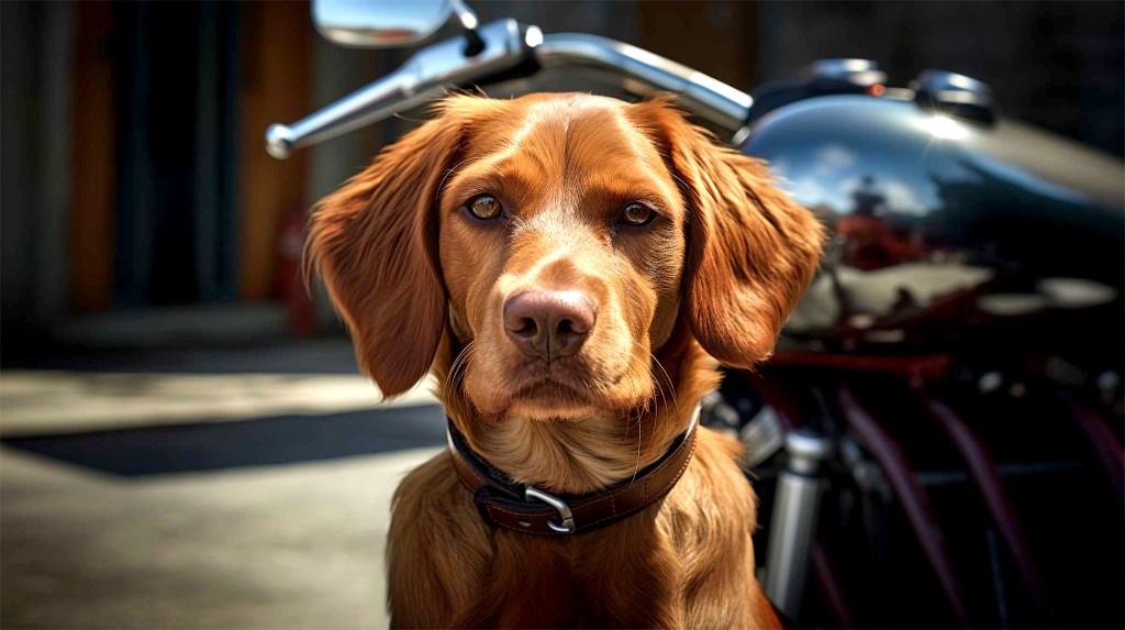 Reddish-brown retriever-mix dog sits in front of a motorcycle.