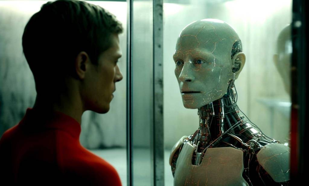 Midjoiurney image of a human looking into a mirror and seeing a robot staring back.