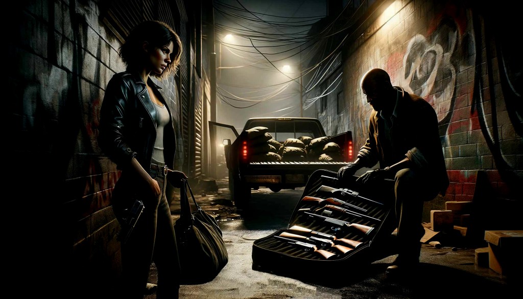 A man kneels in an alley and shows a woman a selection of stolen firearms for sale.