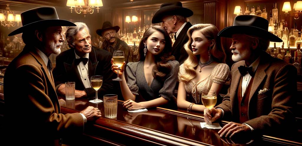 Two stunning young women sip white wine as they assess rich, older cowboys at the Brown Palace Hotel's Churchill Bar.