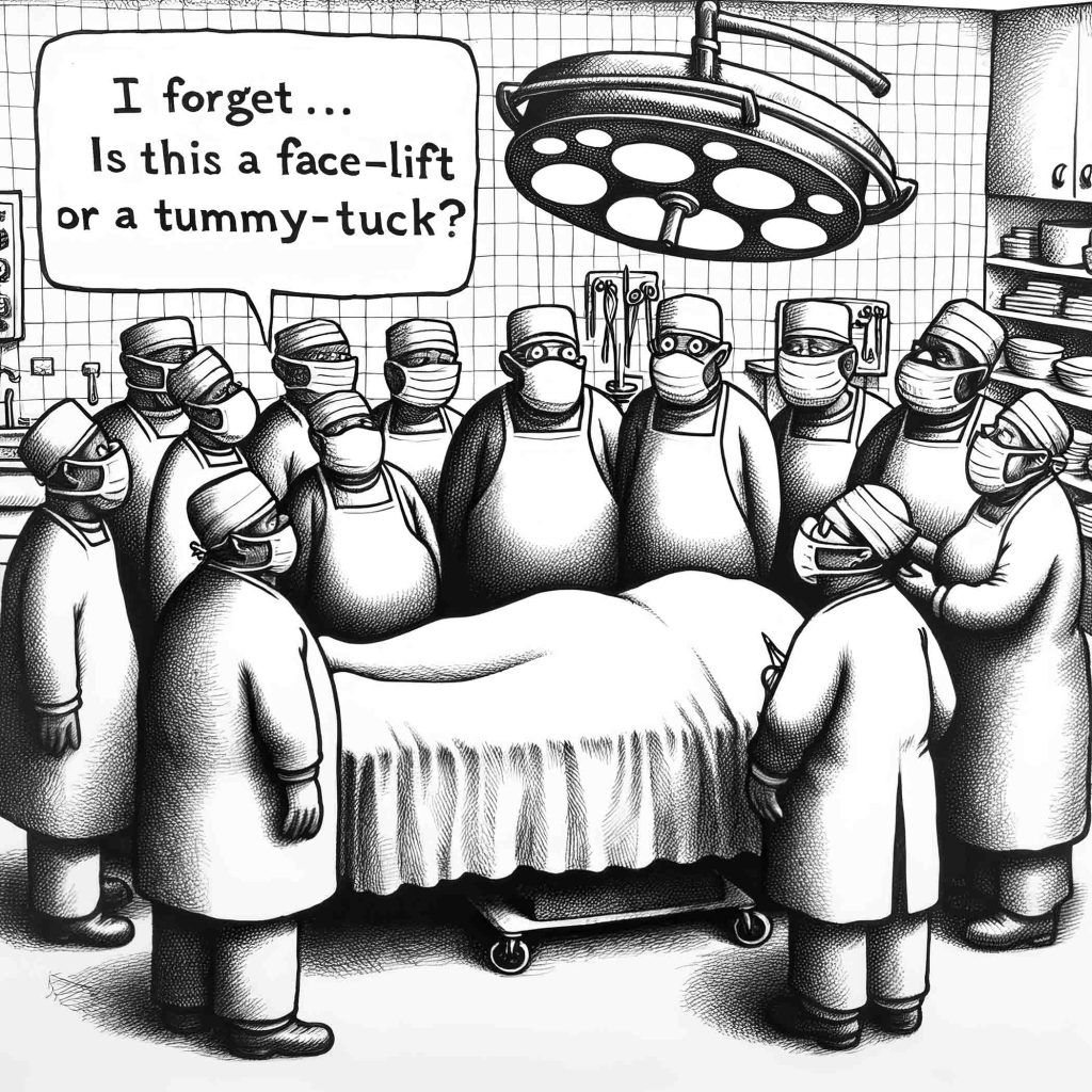 An editorial cartoon shows an operating room where a doctor asks, "I forget ... Is this a face-lift or a tummy tuck?"