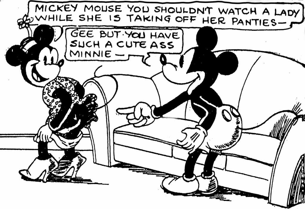 Frame from a Tijuana Bible published in the 1930s show Minnie Mouse dropping her panties in front of an appreciative Mickey.