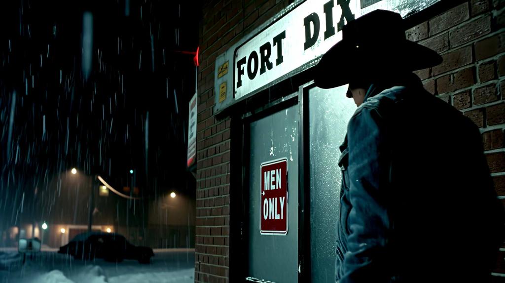 Late on a snowy night, a young cowboy considers entering a business whose sign reads "Fort Dix - Men Only."