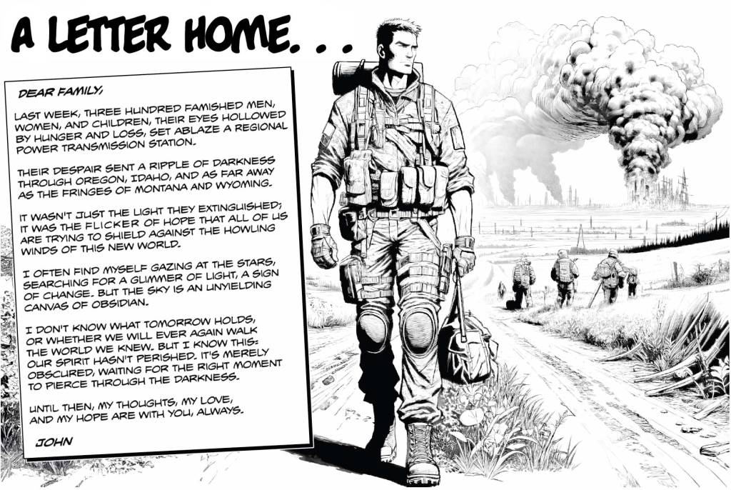 The illustration shows a 30-year-old soldier walking along a country road while smoke rises from an electricity transmission facility on the horizon. At the left, a letter written to the soldier's family shows his concerns about the world.