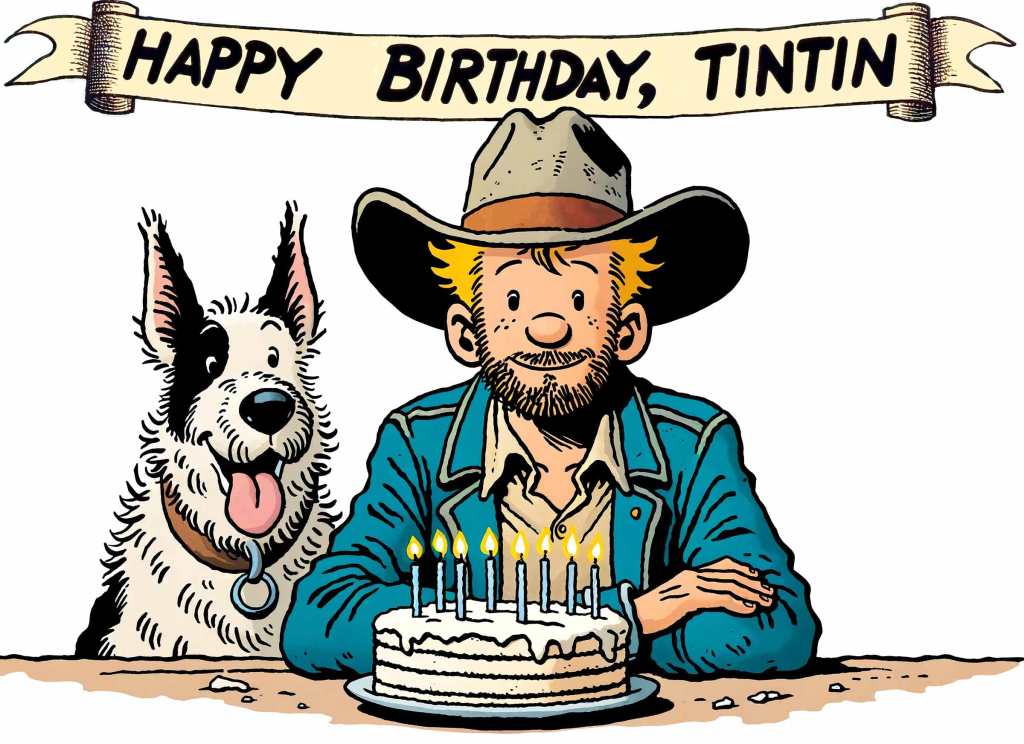 Portrait of L.T. Hanlon and a cattle dog in the ligne claire style that Hergé employed with Tintin.