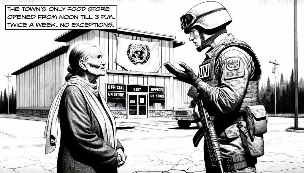 UN soldier explains to a woman that her town's grocery store is closed.