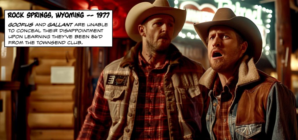 Two goofy-looking cowboys are shocked they've been 86'd from a bar in Rock Springs, Wyoming.