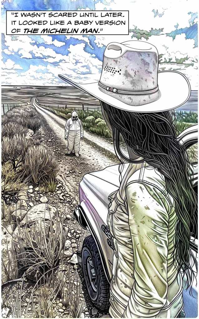 A photorealistic drawing shows a young woman in a cowboy hat standing next to a pickup truck on a rural dirt road. She watches a tiny figure in a hazmat suit ambling along the road. She describes it as looking like a baby Michelin Man.