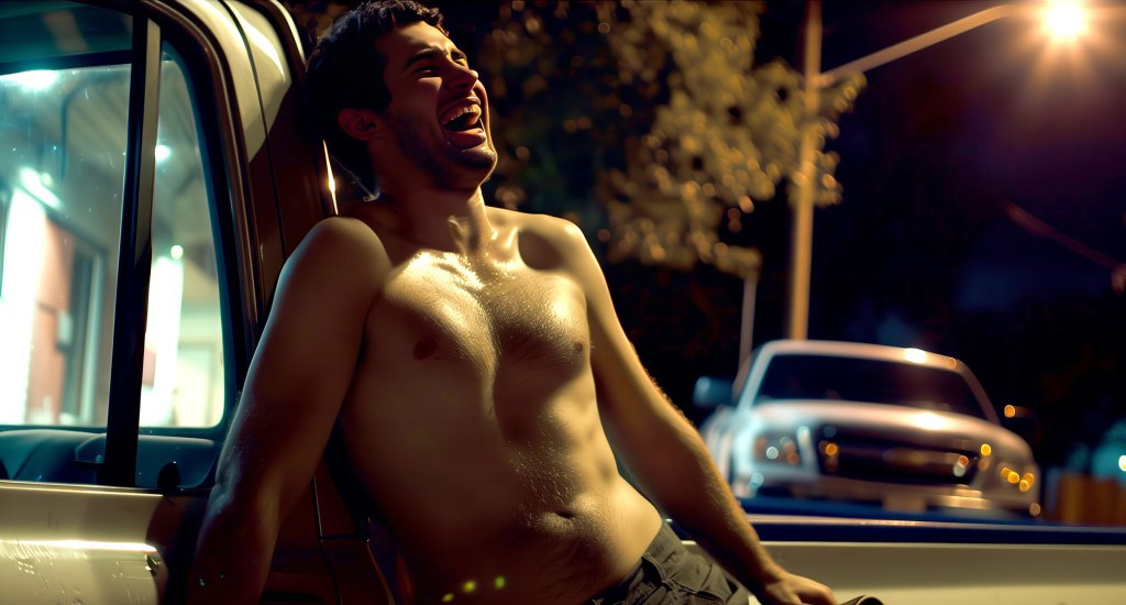 Image shows a shirtless young man laughing as he leans against a pickup truck.